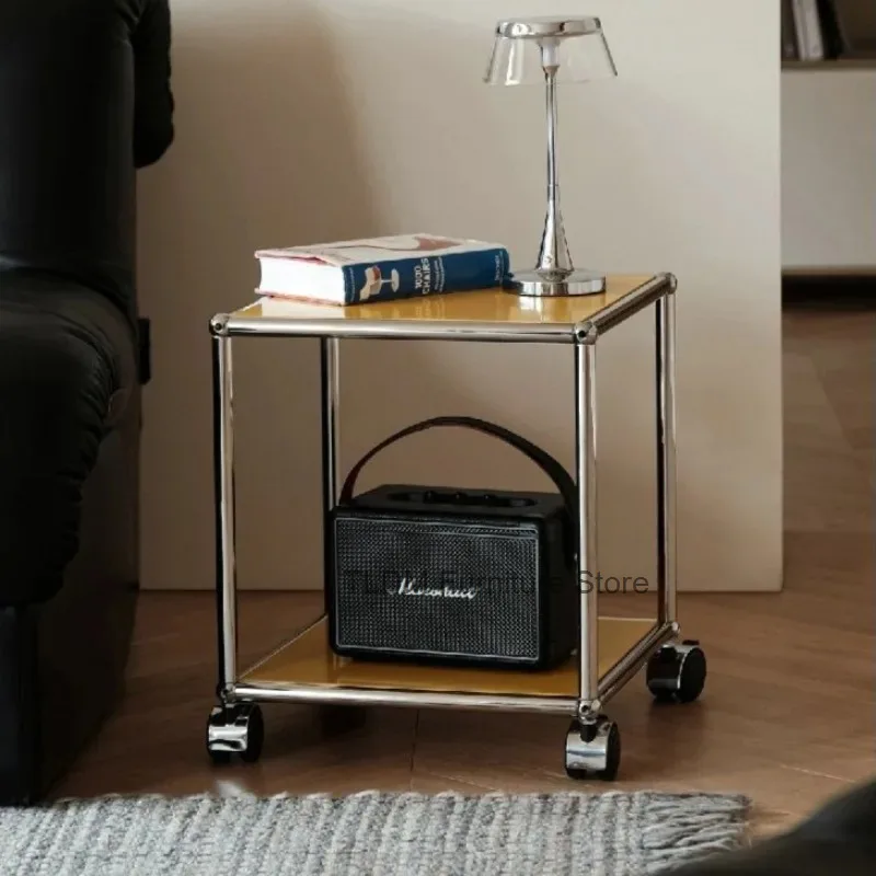 Rolling Side Table Square Metal Frame Movable Storage End Cart with Silent Casters Coffee Table for Sofa Bedroom Decor