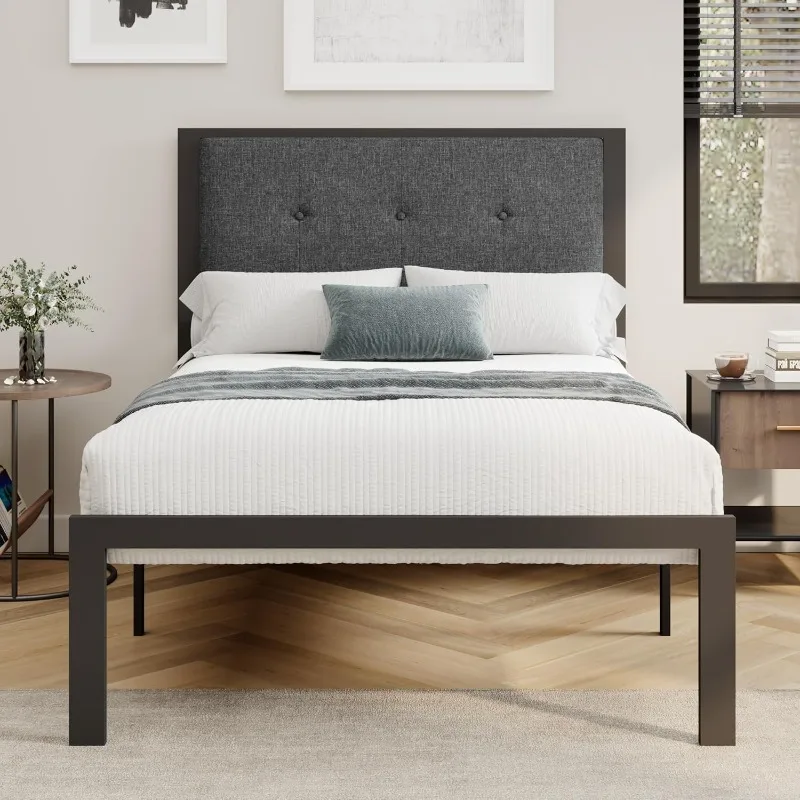 

Allewie Plaform Twin Size Bed Frames with Upholstered Button Tufted Headboard for Kids, 12.4” Underbed Storage Noise Free, Grey.
