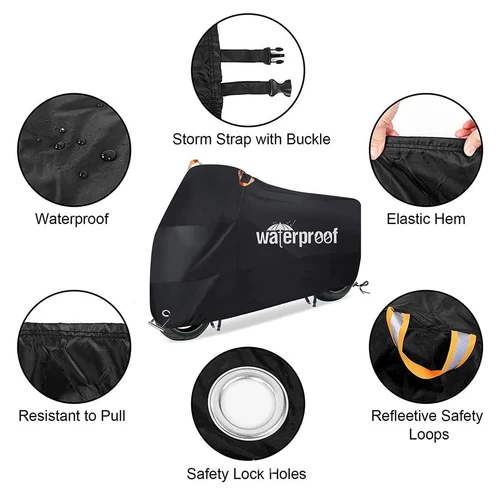 Imagen 2 del producto Cubierta de motocicleta solar impermeable negra para todas las estaciones, cubierta de motocicleta protección solar universal para exteriores con bolsa de almacenamiento