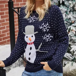 Women Cute Funny Snowman Jacquard Christmas Knitted Sweater Autumn Winter Casual O Neck Long Sleeve Pullover Tops Loose Jumpers