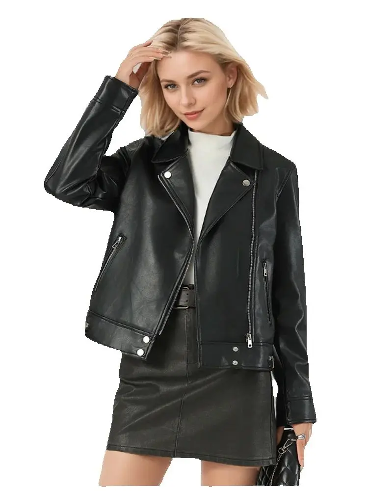 سترة جلدية قصيرة للنساء مع ياقة قلابة سترة جلدية على طراز الدراجة النارية #2