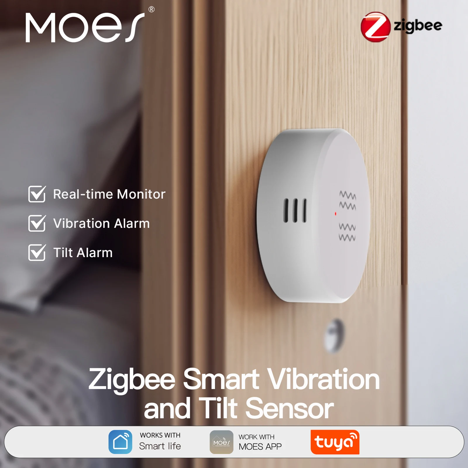 MOES Tuya Zigbee Smart Vibration Tilt Sensor Real-Time Monitoring XYZ Axis Detection Motion Shock Alarm for Door Window Security