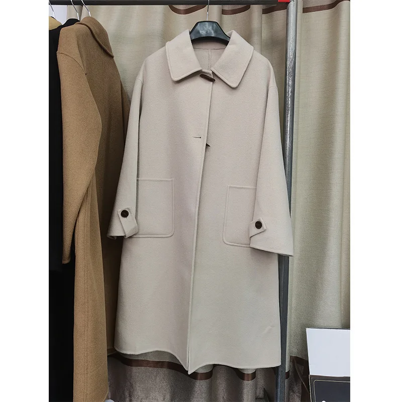 

2023 Live Flash Kill Double Sided Cashmere Coat Women's Mid Length New Cowhorn Button 100 Pure Wool Coat