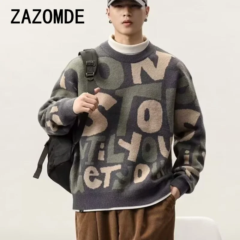 ZAZOMDE Long Sleeve Round Collar Thick Pullover Crewneck Knitted Sweaters Men High Quality Loose Fit Knitwear Korean Fashion Men