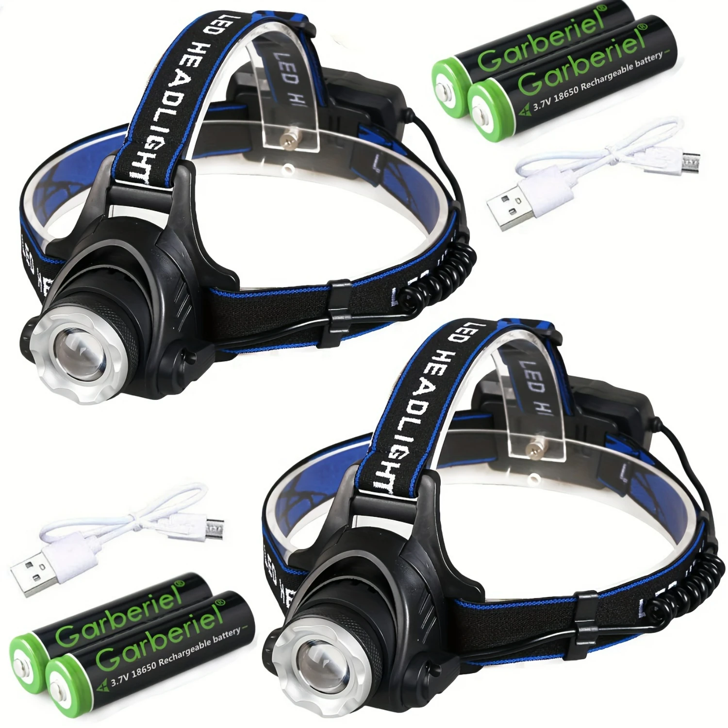 2-Pack Super Bright Waterproof Rechargeable LED Headlamp Set with High Lumens for Hiking Camping Fishing - 3 Modes Zoomable Head