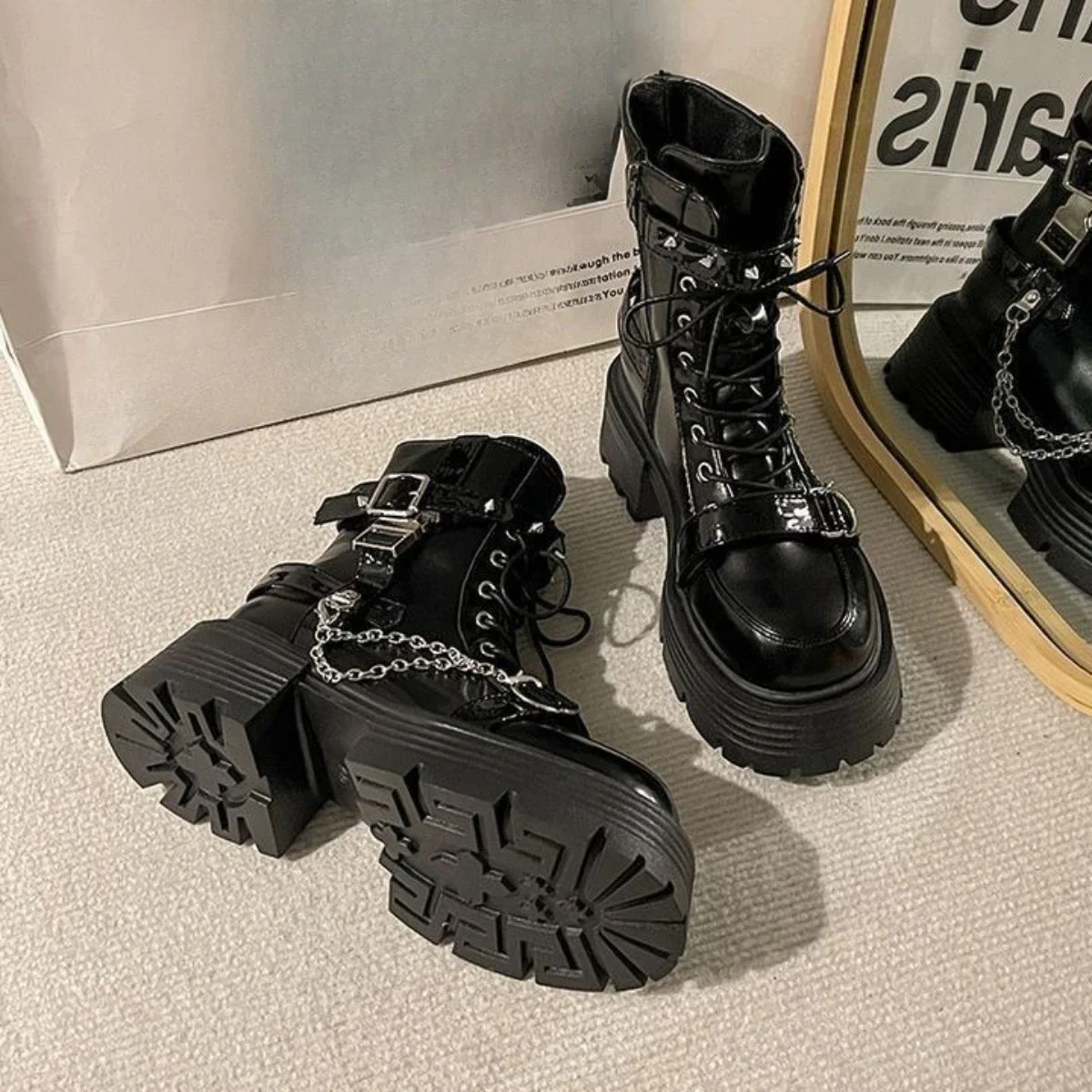 

Women's Fashion Mid-Calf Boots - Lace-Up High Platform Wedge Shoes, Solid Color Chunky Heel Warm Casual Boots As Christmas Gift