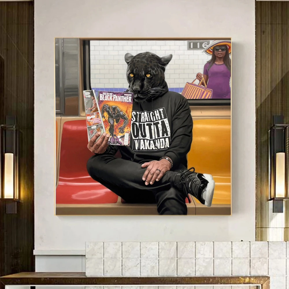 

Anthropomorphic Black Leopard Reading Posters Wall Art Canvas Prints Modern Animals Painting for Living Room Home Decor Pictures