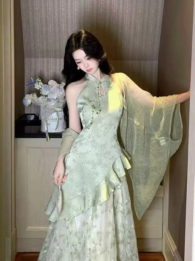 Green New Chinese Style Reformed  Dress with Shawl Two-Piece Set Elegant Long Skirt Ancient Town Style Women's Clothing