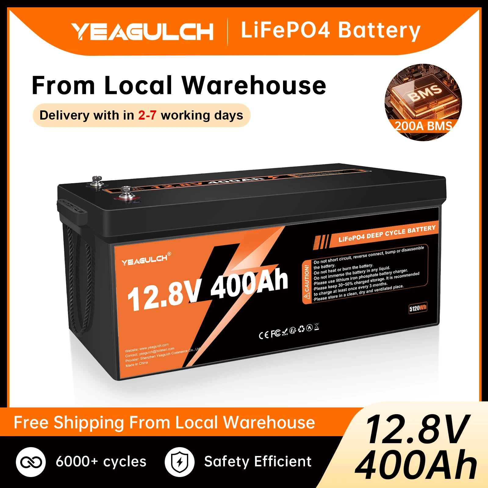

Yeagulch 12V 400Ah LiFePO4 Lithium Battery 5120Wh Energy with 200A BMS for RV Solar Off-grid Application Home Power Storage