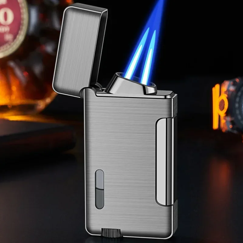 Metal Butane Gas Lighter Windproof Blue Torch Jet Drouble Fire Turbo Lighters Visible Oil Tank Cigar Smoking Accessories Outdoor