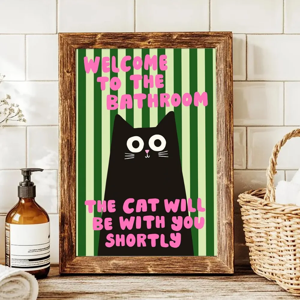 1 Piece of Frameless Bathroom Black Cat Print,Green Stripes,Animal Poster Canvas Painting,for Toilet Bathroom Wall Art Decor