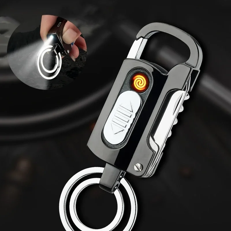 New USB Electronic Lighter Keychain Wine Opener Knife Flashlight One-word Screwdriver Multi-function Metal Windproof Men Gadget