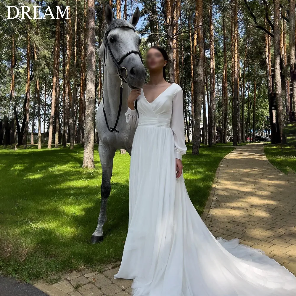 

Customized Simple Long Wedding Dresses for Women V-Neck Floor-Length A-Line Sweep Train Bridal Dress Vestidos De Novia 2025