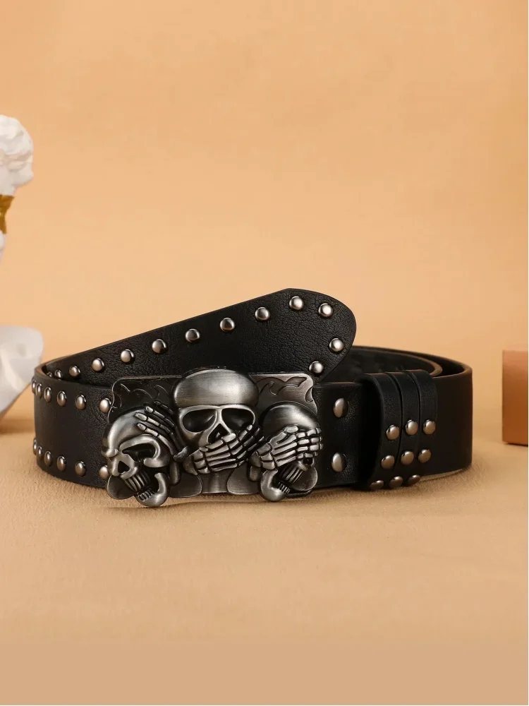 Neue Gürtel für Damen, hochwertige Luxusmarke, Punk-Gothic-Nieten, schwarze Jeans, Unisex, Herren-Gürtel, Pfoten-Totenkopf-Schnalle, Taillengürtel für Männer