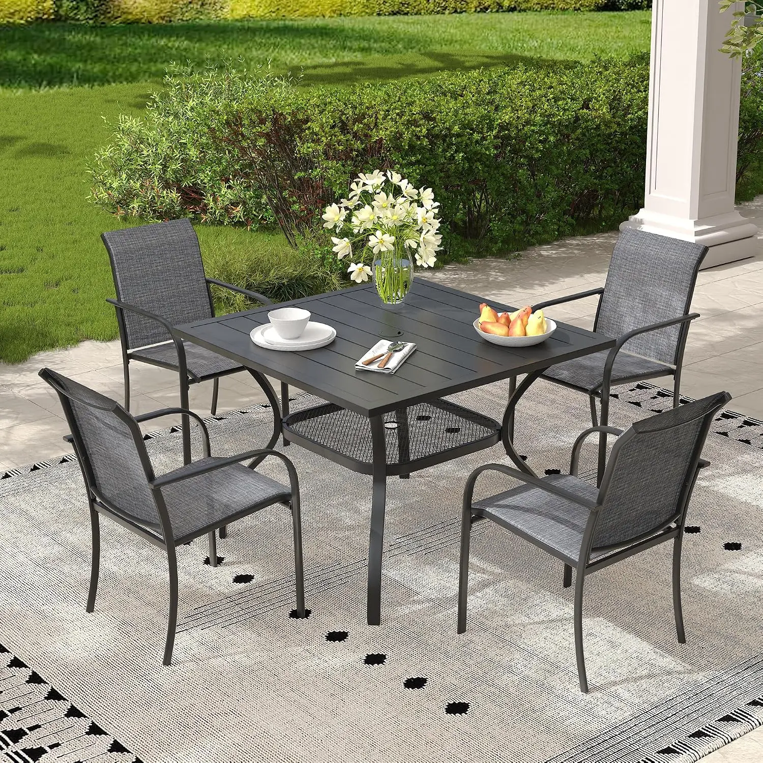 5 Pieces Outdoor Dining Set, Stackable Textilene Paito Chairs & 37.8