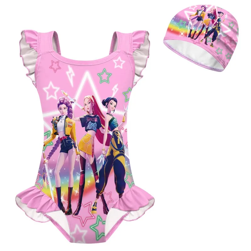 Trendy Toddler Girls One-Piece Swimsuit Set Hunter Witch Coven Print Lace Trim New Style High Stretch Protection for Beach Days image 3