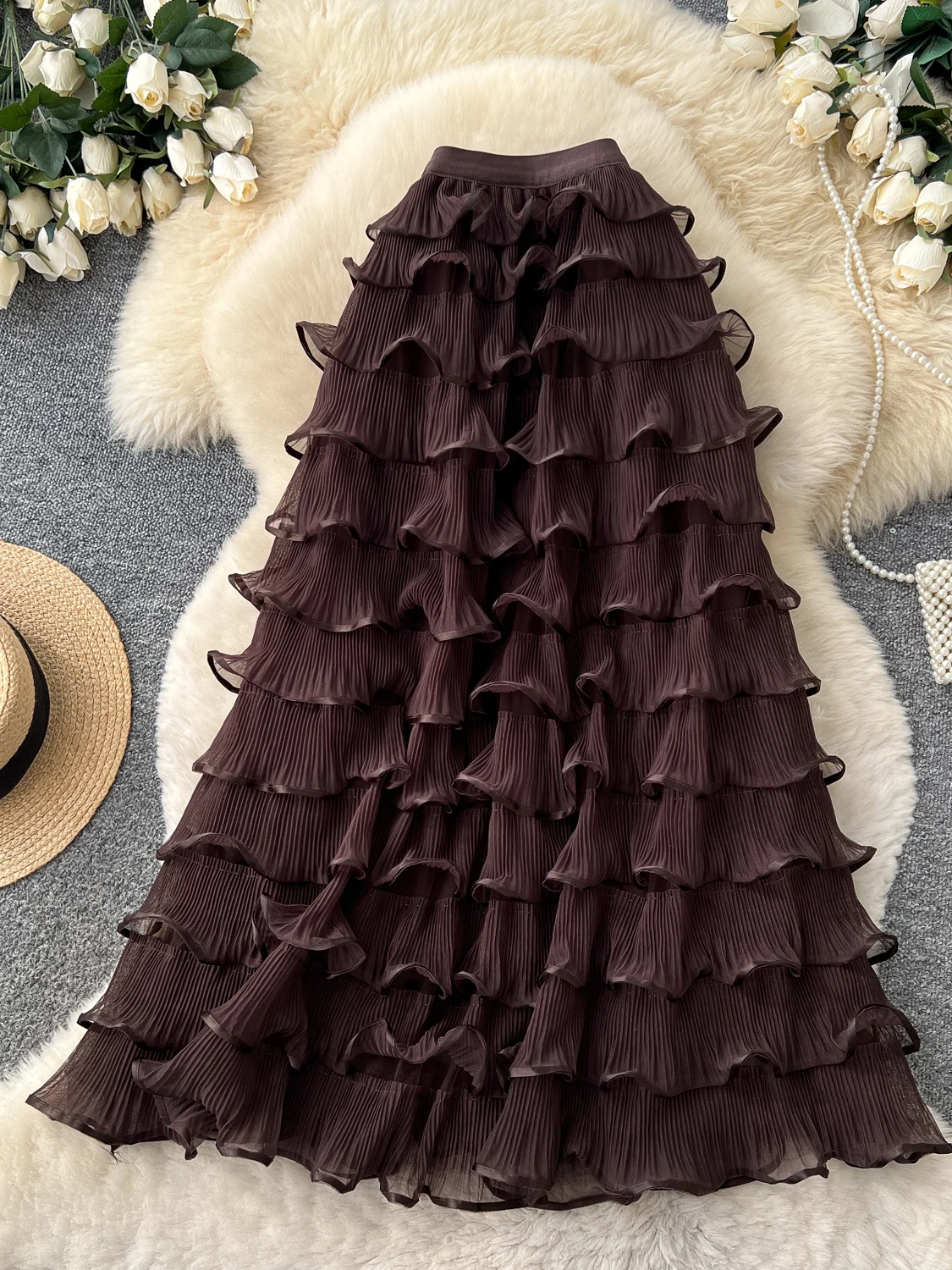 Elegant High Waist A-Line Skirt Women's Full Skirt Gauze Cake Skirt Spring Autumn Layered Lace Trim Puffy Gauze Skirt