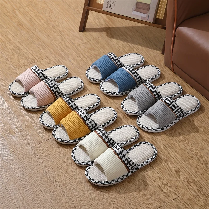 Four Season Linen House Slippers For Women Men Thick EVA Midsole Non-Slip Closed Toe Flip Flops Couple Cozy Casual Home Slides