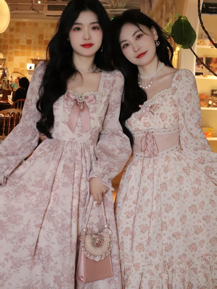 2023 Spring Pink Floral Elegant Dress Women Bandage Lace Print Sweet Vintage Dress Puff Sleeve Kawaii Dress Women Princess Fairy