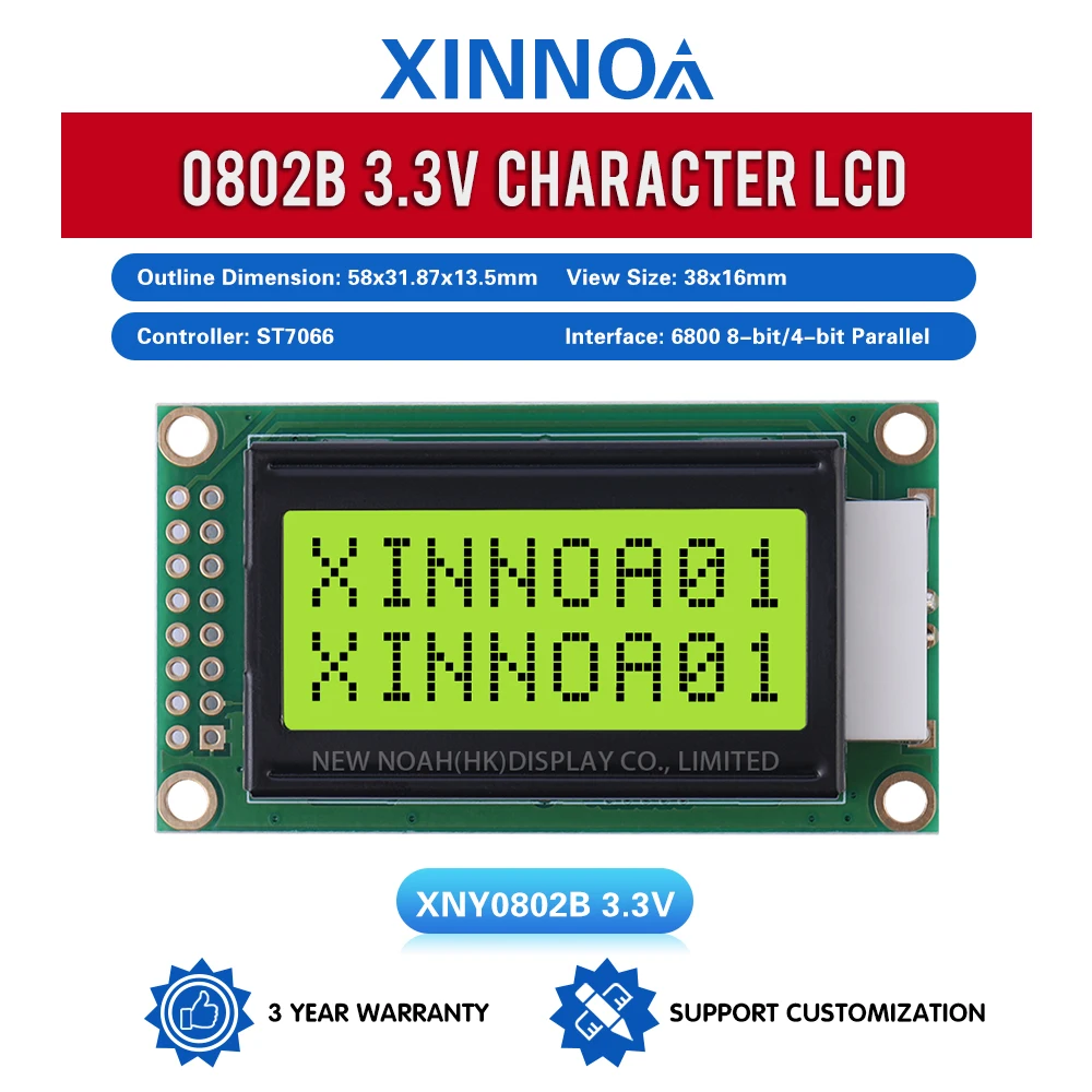 Yellow Green Film 0802B 3.3V Character LCD Screen 02*8 LCD 8*2 16 PIN 58*31.87*13.5Mm Original ST7066 Chip LCM Display Module