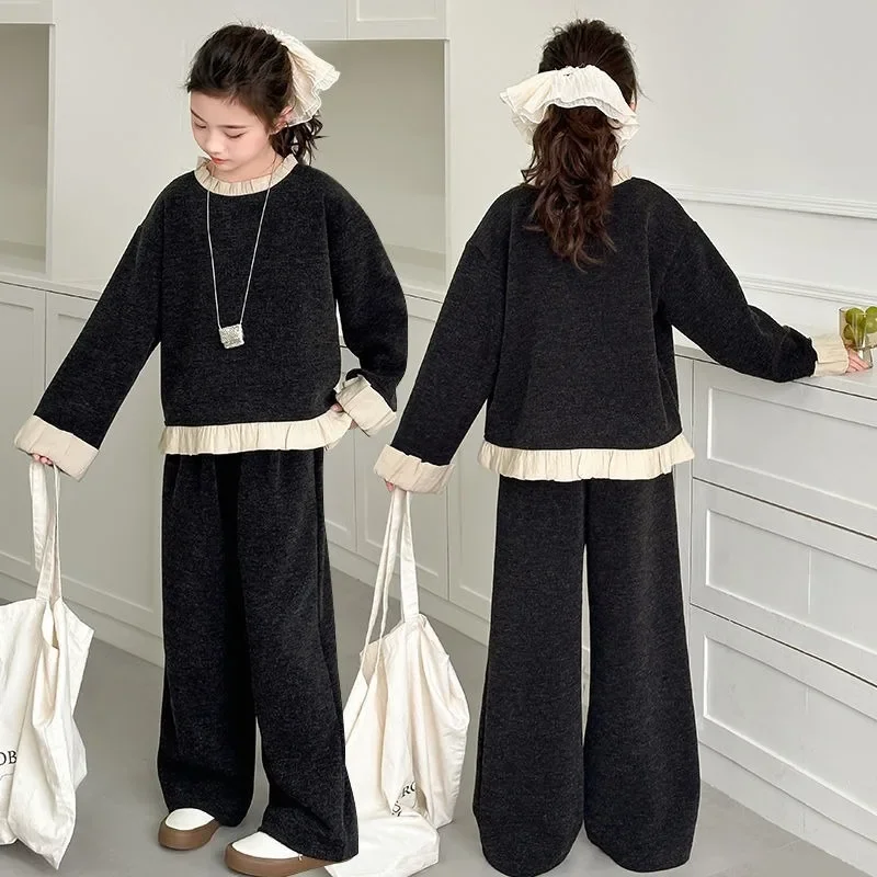 Wood Ear Lace Trim Matching Top and Pants Two-piece Set Sweatshirt & 2-Piece Girl's Girls Clothes From 11 To 12 Years Old Winter