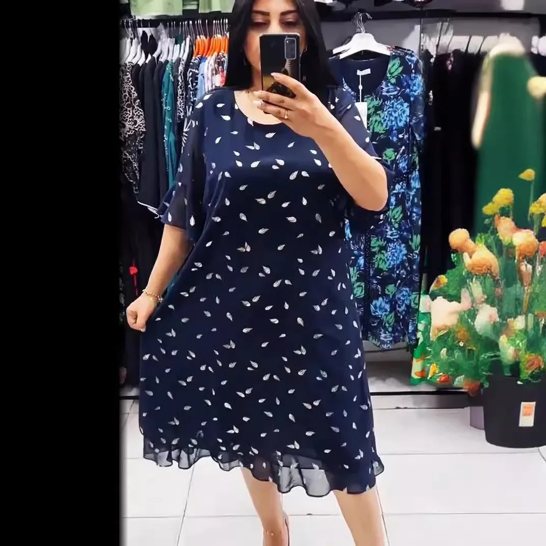 Europe And The United States Women's Elegant Temperament Large Size Chiffon Print Short-sleeved Crew-neck Patchwork Dress