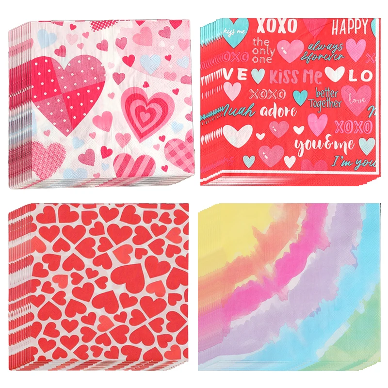 20/40/60Pcs Valentine’s Day Disposable Napkins Love Heart Handkerchief Paper Wedding Party Decor Western Restaurant Supplies