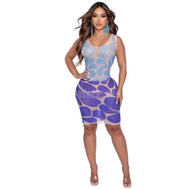 Glamorous Birthday Party Stage Costume Glam Gradient Rhinestone Fashion Dress with Hip Slit for Model Performance Outfit Vestito