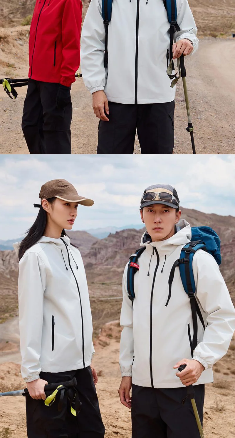 Wasserdichte Wanderjacken, doppelte Stoff-Windjacke, Kapuzenjacke, Schutz, Windjacke, Camping, Klettern, Unisex, Reißverschlussmäntel – Detail 6