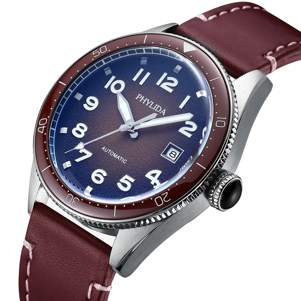 Phylida luxo negócios esporte relógio de pulso mecânico mostrador marrom relógios masculinos automático aço inoxidável miyota8215