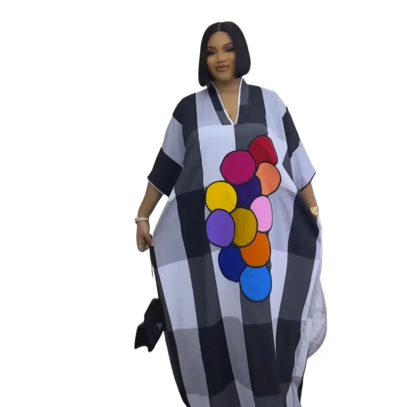 

African Plus Size Dresses for Women 2025 Spring Autumn African V-neck Half Sleeve Wedding Party Evening Long Dress Robes Gowns