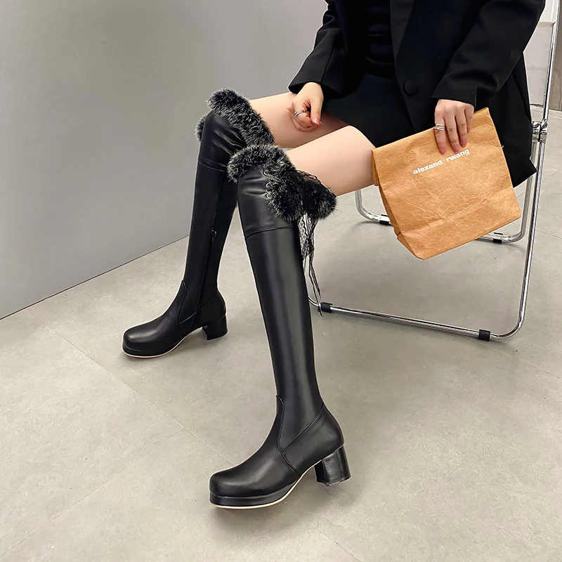 

Женские сапоги выше колена с плюшевыми кружевными шнурками, большие размеры, боковая молния, толстый каблук, плюшевые зимние высокие сапоги в стиле Лолиты