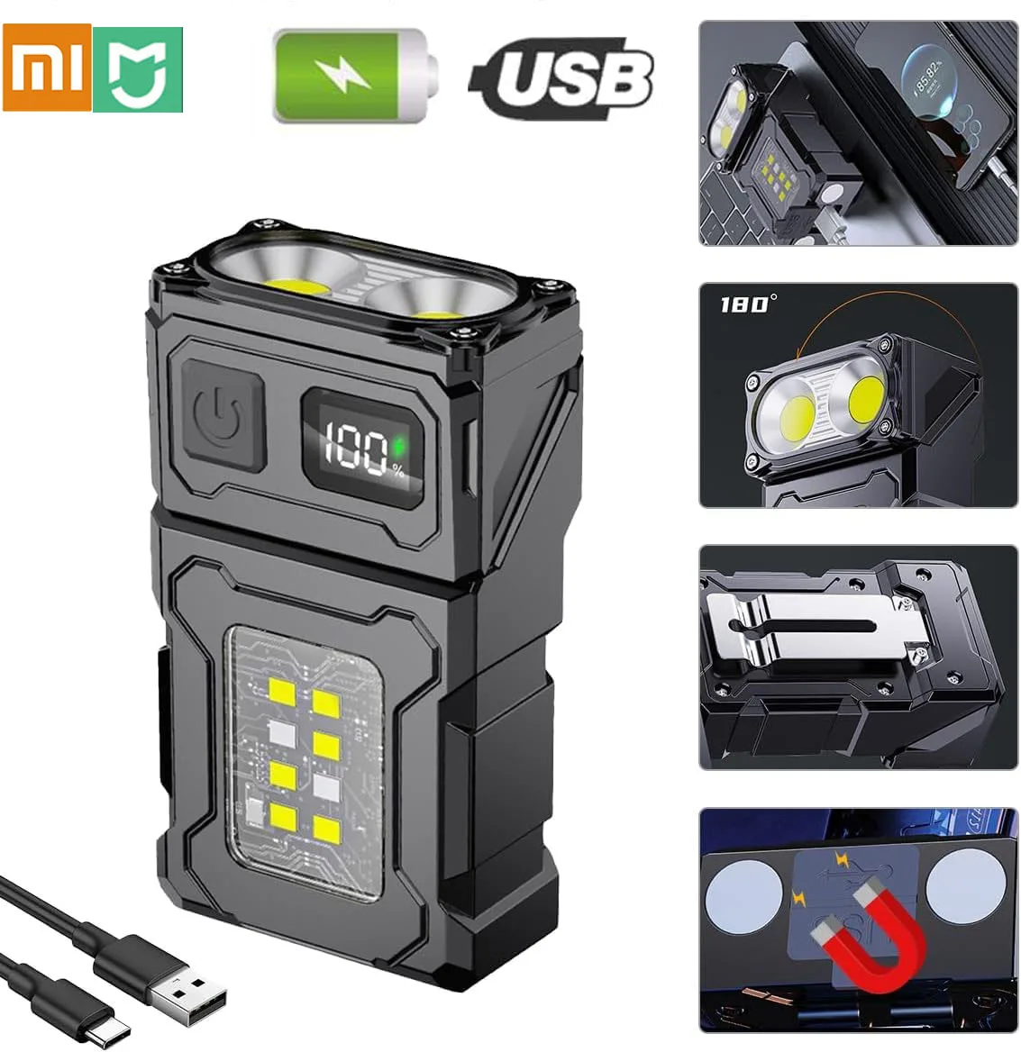 Xiaomi COB LED Camping Lantern 1200mAh USB Rechargeable Flashlight Keychain Portable Magnetic Torch Digital Display Work Light