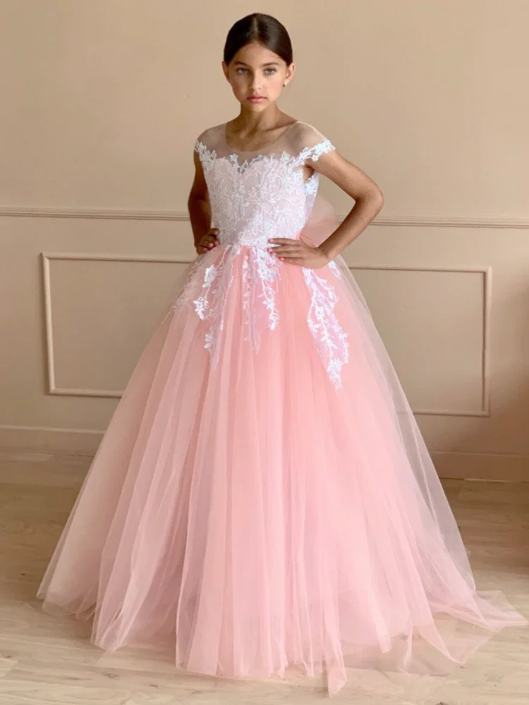 Robes de demoiselle d'honneur roses avec appliques de motif blanc en tulle, nœud en fibre, mariage, fête d'anniversaire, première communion, quoi que ce soit