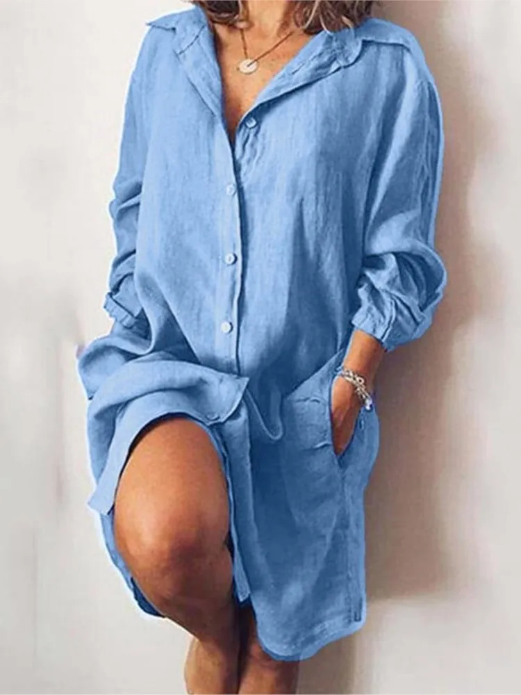 Autumn New Women\'s Long Shirt Cotton Linen Long-sleeved Cardigan Shirt Temperament Commuting Single-breasted Multi-button Shirt