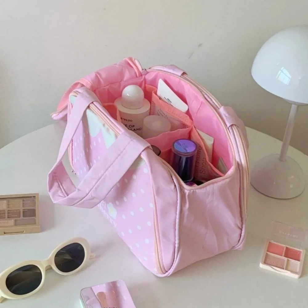 Cute Sweet Strawberry Polka Dot Handheld Cosmetic Bag Large Capacity Multi Compartment Travel Makeup Wash Bag For Girls Women
