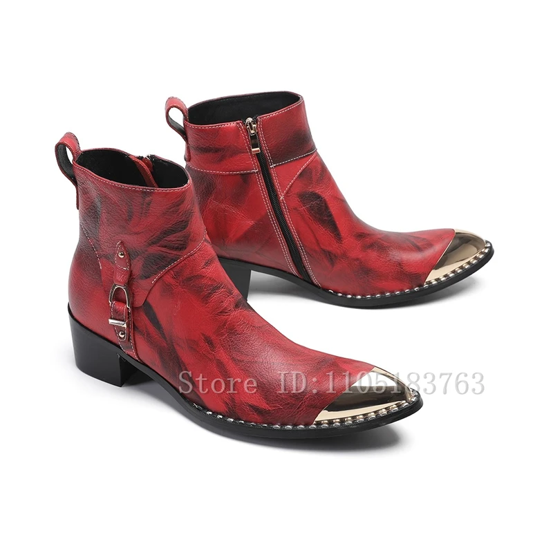 

British Style Men Cowhide Leather Boots Golden Round Toe Metal Buckle Thick Heels Business Dress Ankle Boots