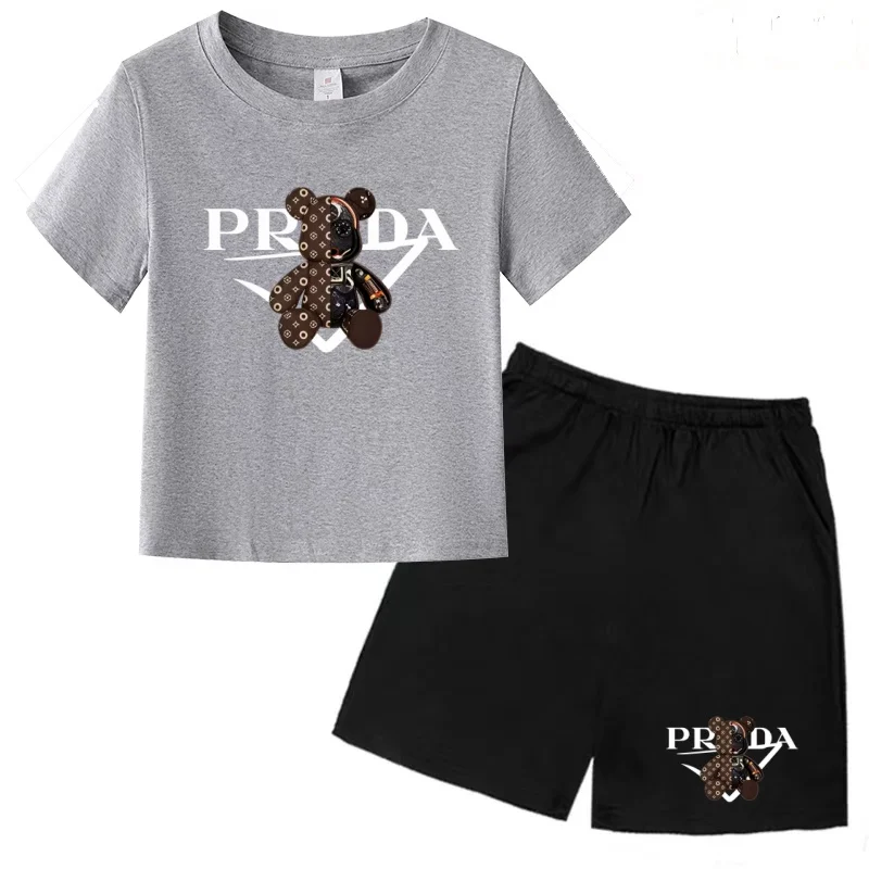Kids New Hot Fashion Bear T-shirt Summer Short-sleeved+Shorts Boy Girl Toddler 3-12Years Outdoor Brand Sports Clothes Casual Set