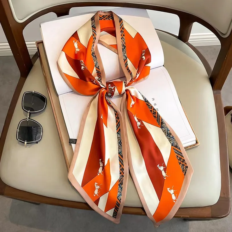 

Элегантный Длинный Шелковый Шарф для Женщин: Летняя Модная Лента для Ручки Сумки, Повязка на Голову с Принтом Лошади, Маленькие Шарфы для Волос для Дам