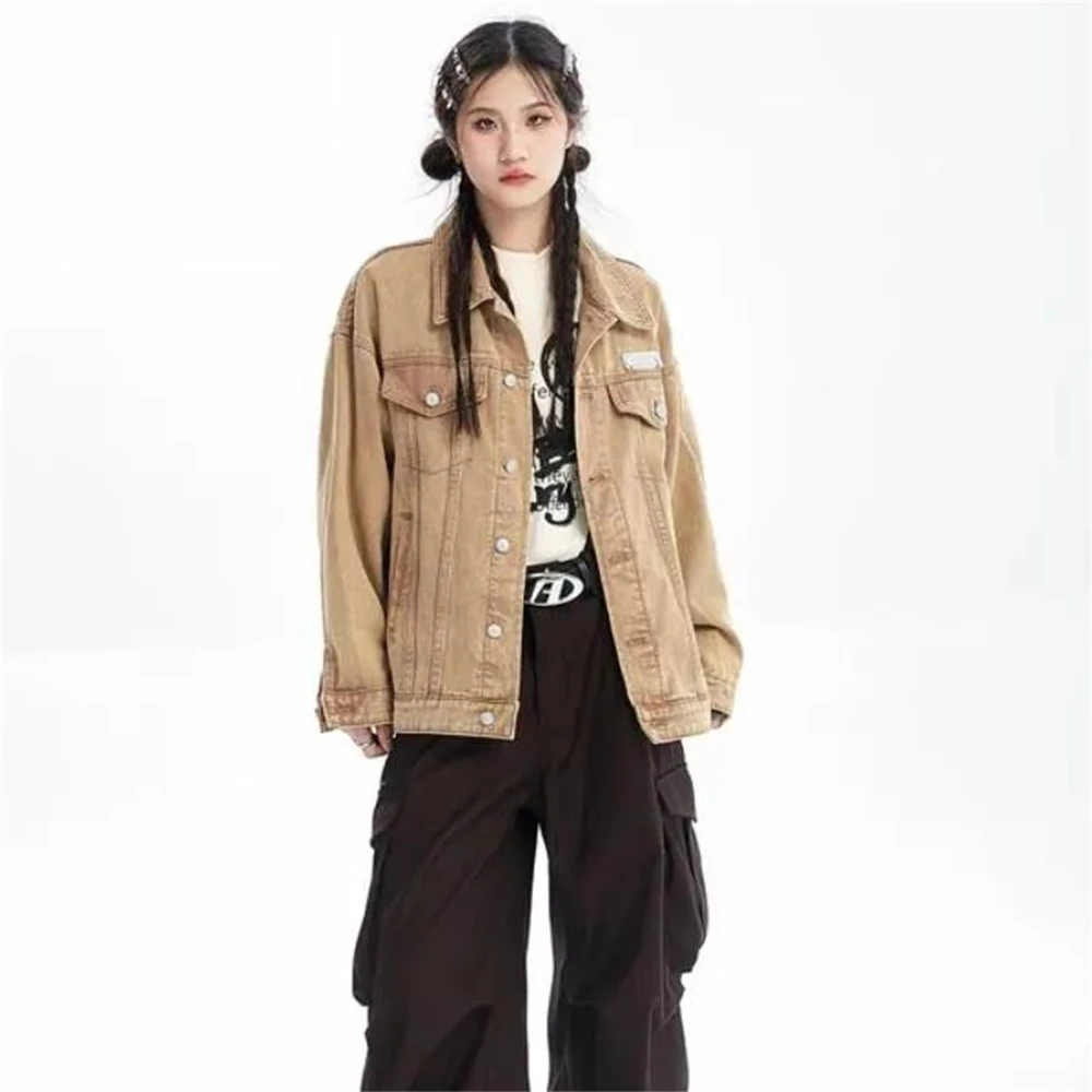 سترة كلاسيكية من قماش الدنيم بحافة خام للإناث ملابس خارجية فضفاضة بنمط منفذ هاراجوكو قسم رفيع سترة علوية للربيع والخريف #5