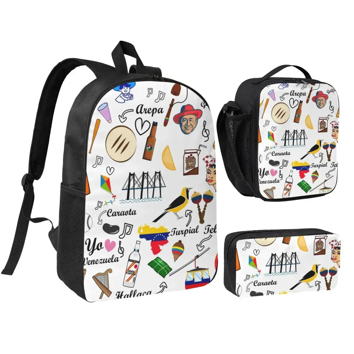 Venezuela Feelings Backpack Student Boys Girls BookBag School Bag Computer Shoulder Bags 3ps Insulated Lunch Bag Pencil Case