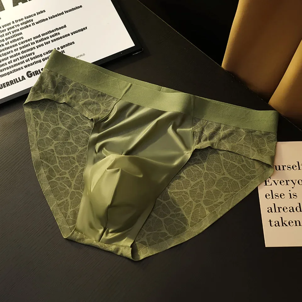 

Men Jacquard Lace Ice Silk Sheer Underpants Mid-rise U Convex Pouch Boxer Shorts Male Sexy Breathable Smooth Briefs