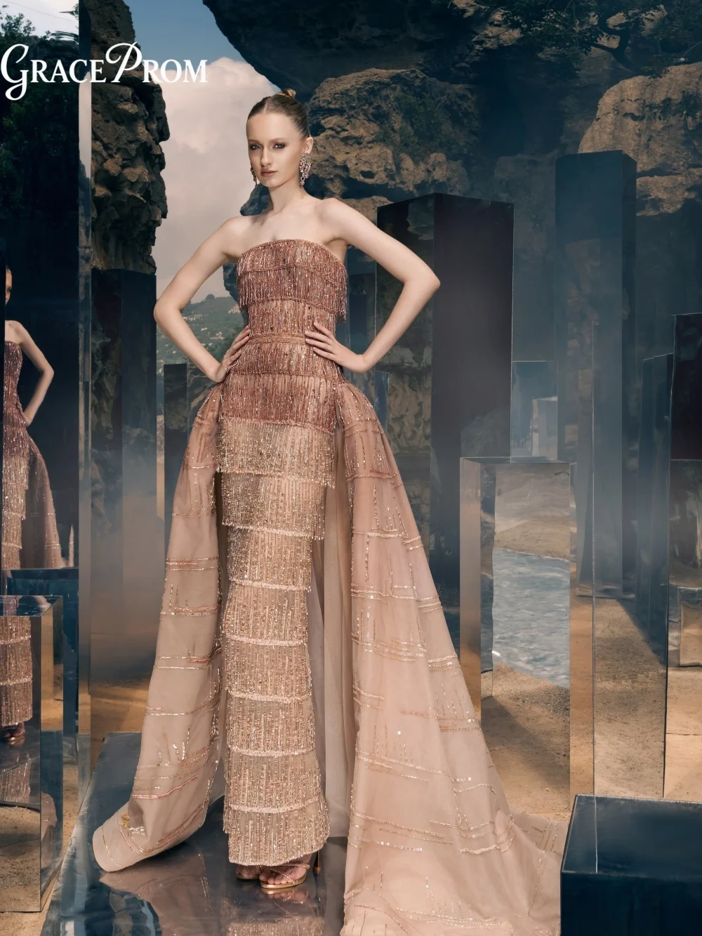 Elegant Tiered Tassel Crystal Embellished Sheath Tulle Gown Luxe Strapless Sheer Detachable Side Train Party Dress فساتين سهرة