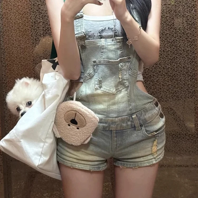 Rompers Playsuits Woman Slanted Shirring Tiedye Distressed Eyelet Wrapped Slit Skew Fulllength Washed Patterns Junior Y2K