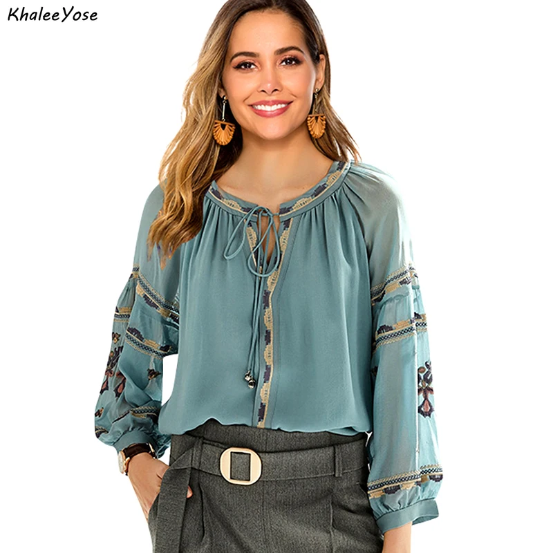 KHALEE YOSE Blue Floral Embroidery Blouses Shirt Vintage Boho Spring Autumn Mexican Shirt  Women Lace Tie Up 2xl Ethnic Shirt