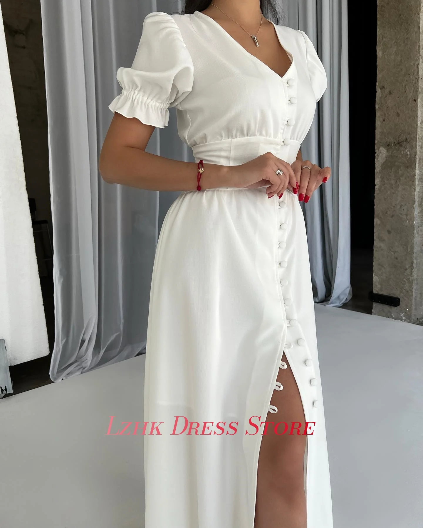 Aangepaste sexy jersey a-lijn knoppen avondjurk delicate korte mouwen v-hals enkellengte فستان • 1897