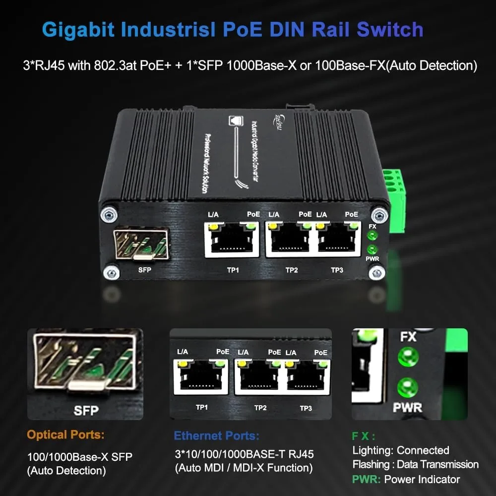 3-Port Mini Industrial Gigabit Ethernet Switch 10/100/1000Mbps RJ45, 100/1000Base-X SFP Port Din Rail Network Switch