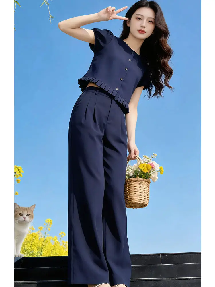 

Summer 2026 Casual Wide Leg Pants Short Sleeve Shirt Wood Grain Two Piece Set High Waist Breathable Polyester Fiber