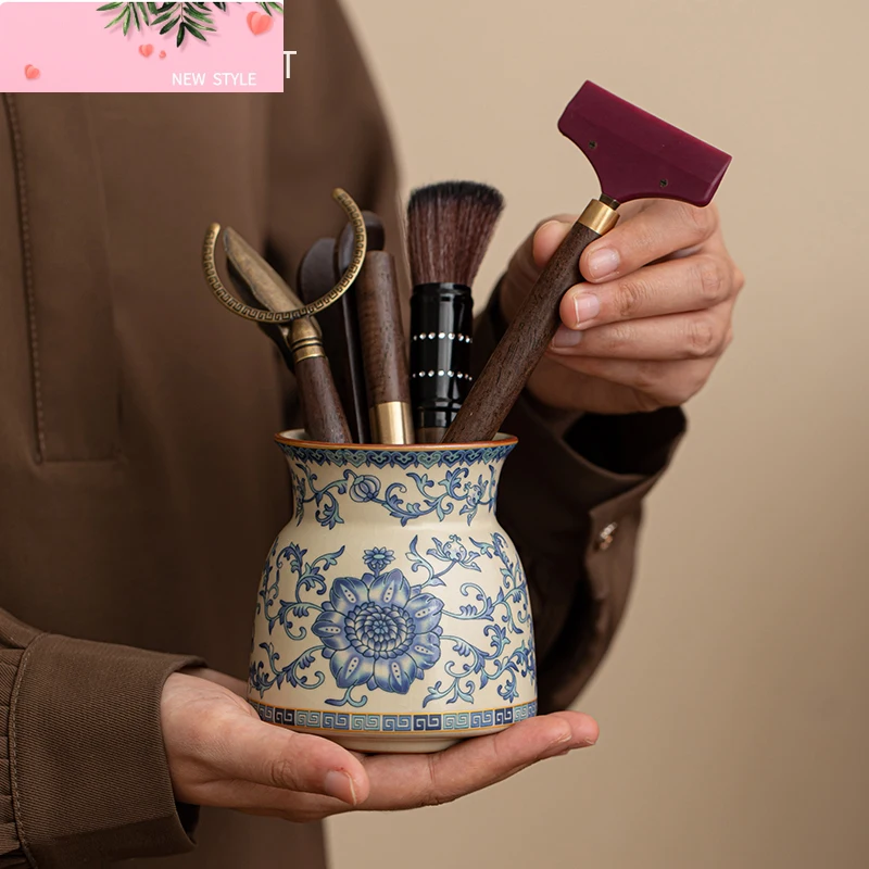 

Chinese Blue and Flower Ru Kiln Ceramics Tea Making Tools Solid Wood Tea Ceremony Six Gentlemen Set Tea Clip Teaware Accessories