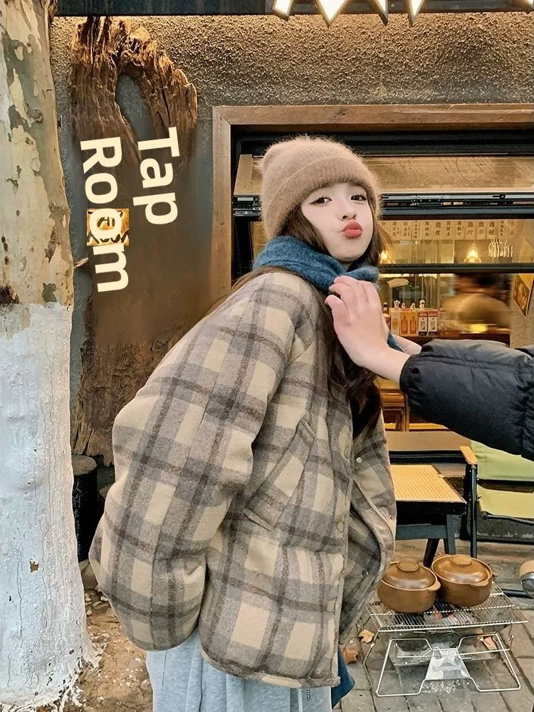 Retro ort Puffer Jaet frauen Winter Thi Warme Koreanische Sle Plaid Lose Brot Mantel Casual Pendeln Sle Oberbekleidung